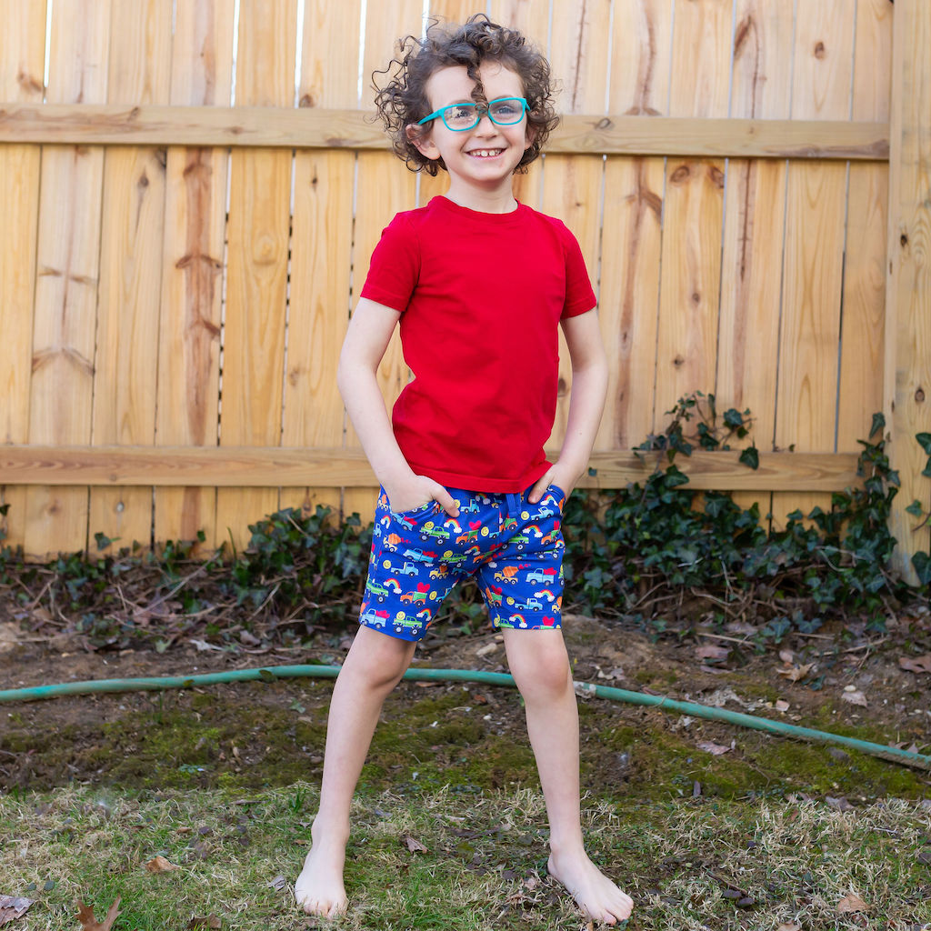 "Happy Traffic" Trucks Drawstring Shorts with Pockets