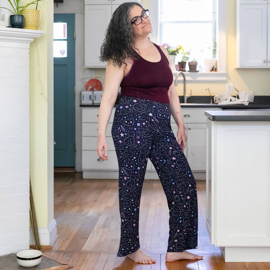 Adult "Kitten in the Stars" Cat Constellations Foldover Straight Leg Lounge Pants with Pockets