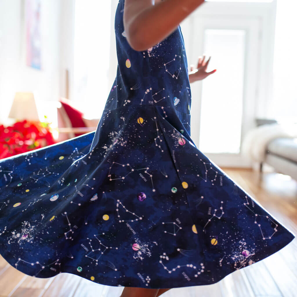 "Cosmic Compass" Constellations Sleeveless Play Dress with Pockets