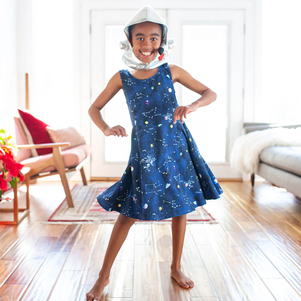 "Cosmic Compass" Constellations Sleeveless Play Dress with Pockets
