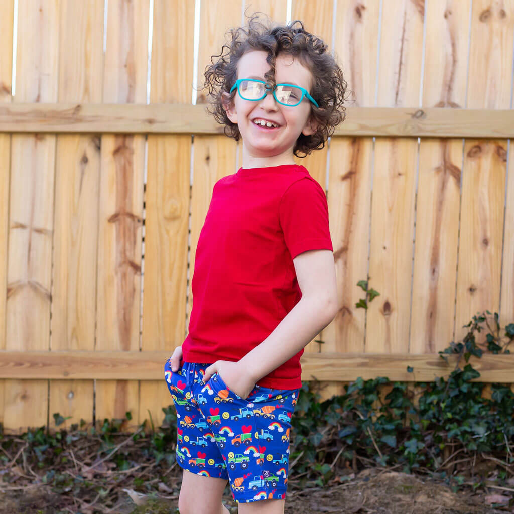 "Happy Traffic" Trucks Drawstring Shorts with Pockets