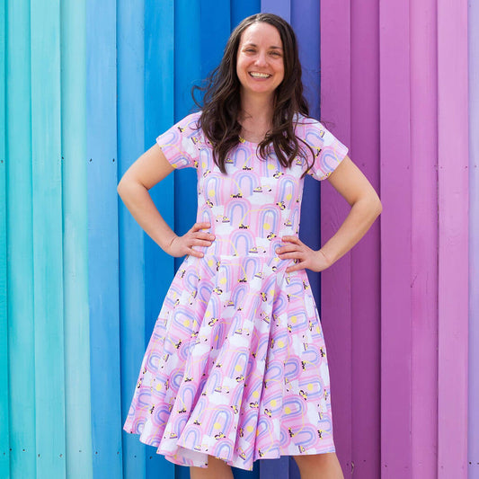 Adult "Rainbow Roadwork" Construction Trucks Super Twirler Dress with Pockets