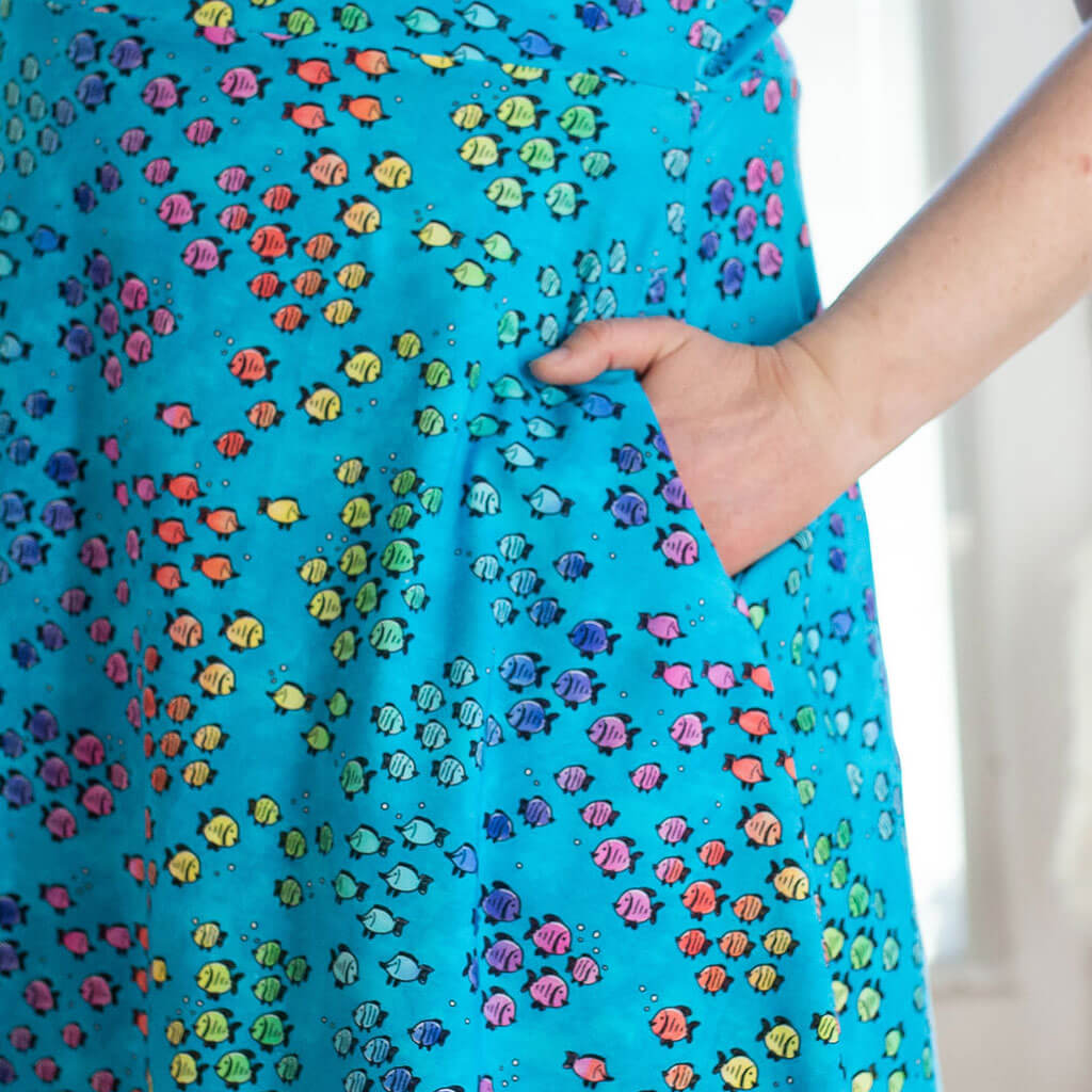 Adult "Summer School" Rainbows of Fish Sleeveless Dress with Pockets