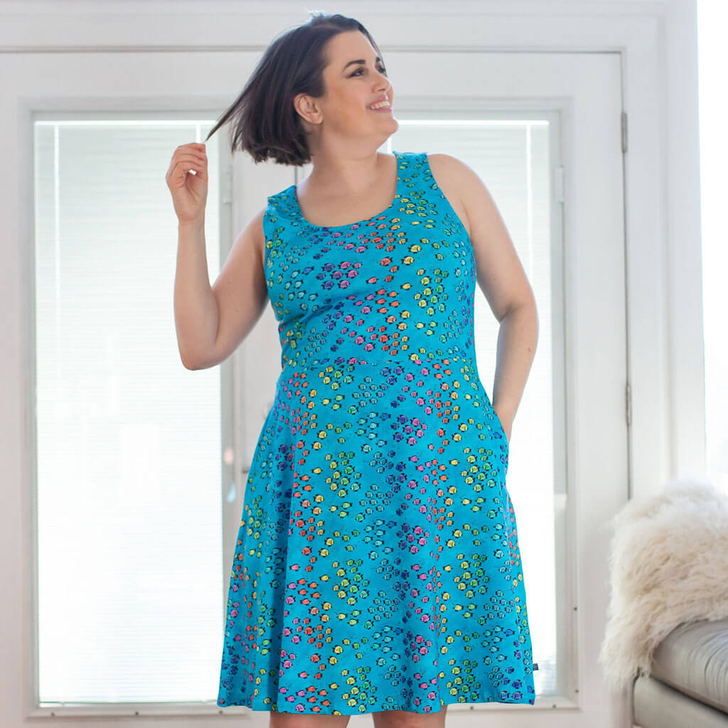 Adult "Summer School" Rainbows of Fish Sleeveless Dress with Pockets