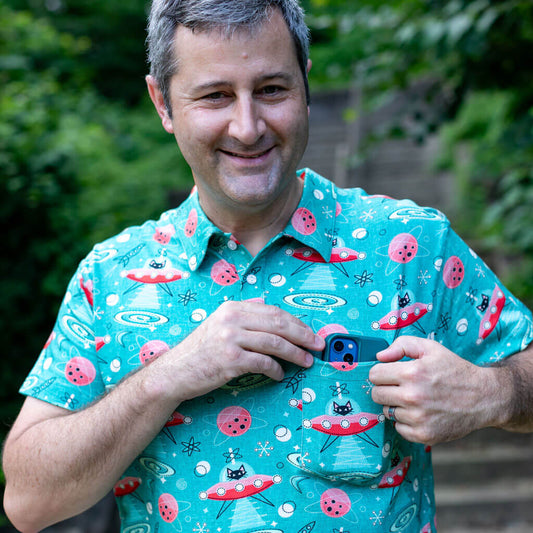 Adult "Beam Me Up, Kitty" Cats in Space Saucers Short Sleeve Polo Shirt