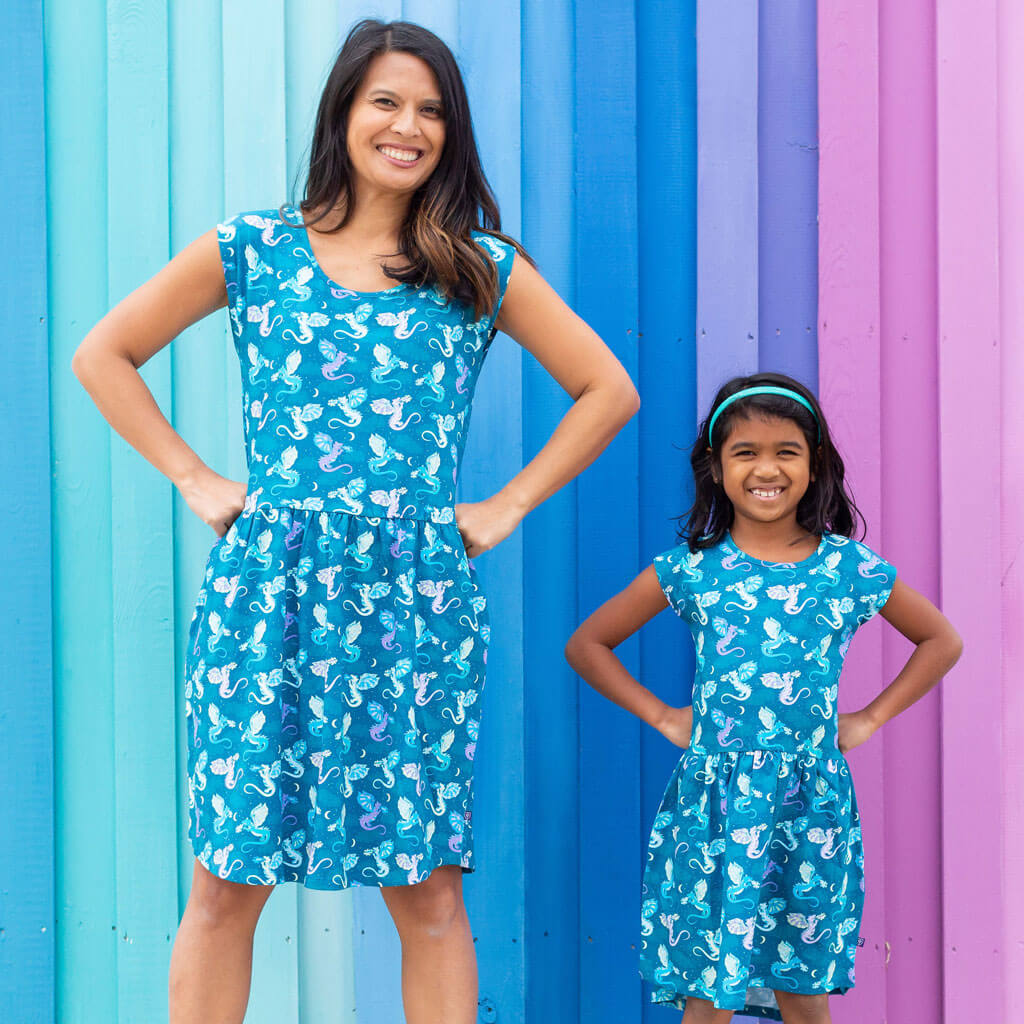 Adult "Slay All Day" Teal Dragons Cap Sleeve Dress with Pockets