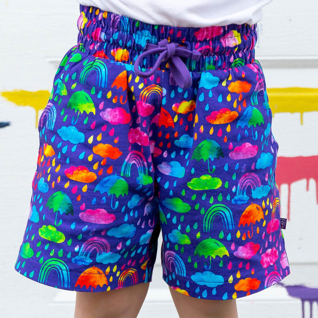 "Rainbow Showers" Drawstring Shorts with Pockets