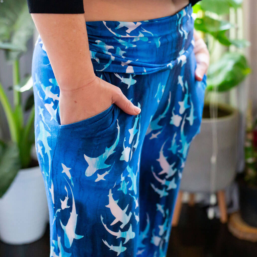 "Mako My Day" Adult Sharks Foldover Wide Leg Pants