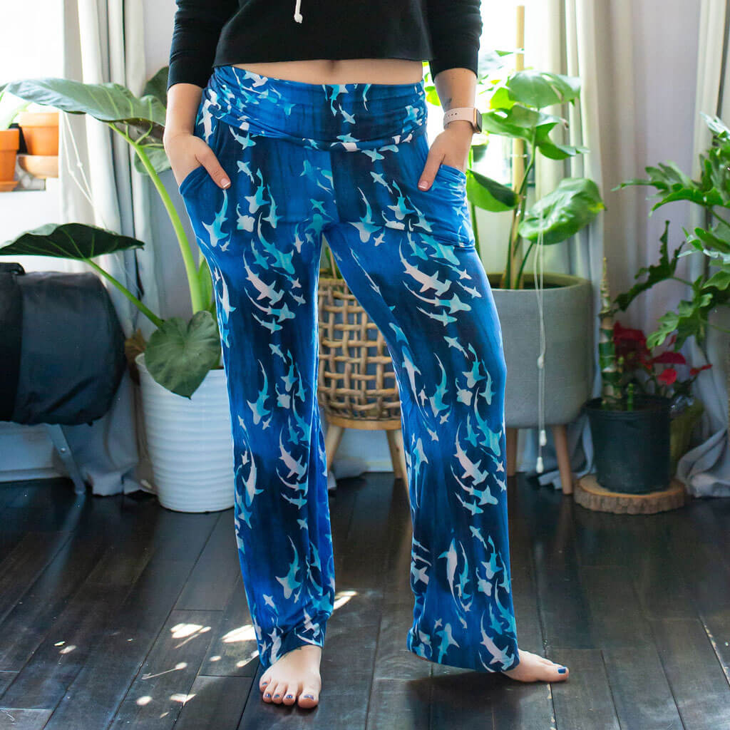 "Mako My Day" Adult Sharks Foldover Wide Leg Pants