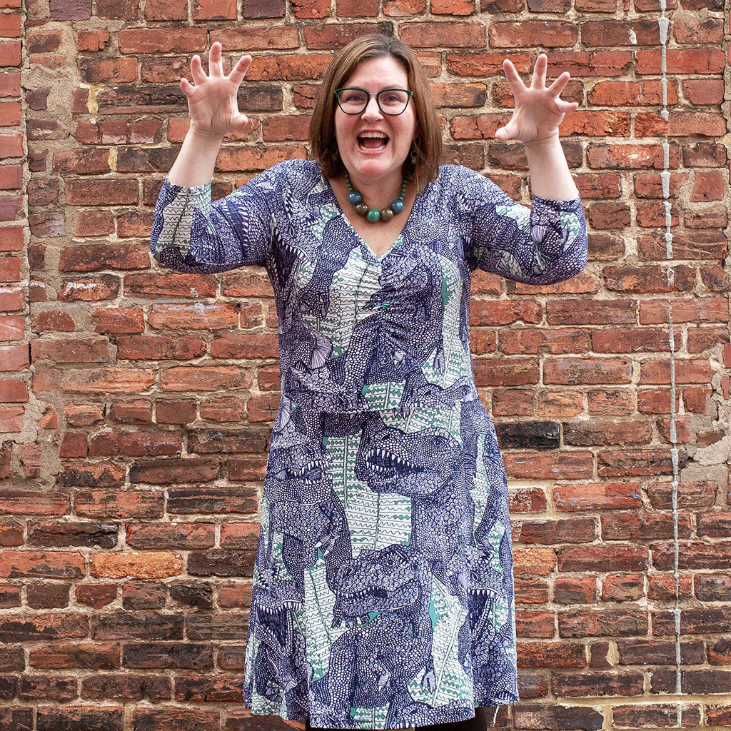 "Bringing Rexy Back" Tyrannosaurs V-Neck A-Line Dress with Sleeves