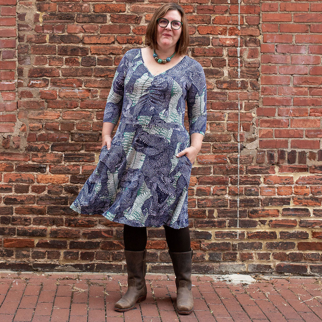 "Bringing Rexy Back" Tyrannosaurs V-Neck A-Line Dress with Sleeves