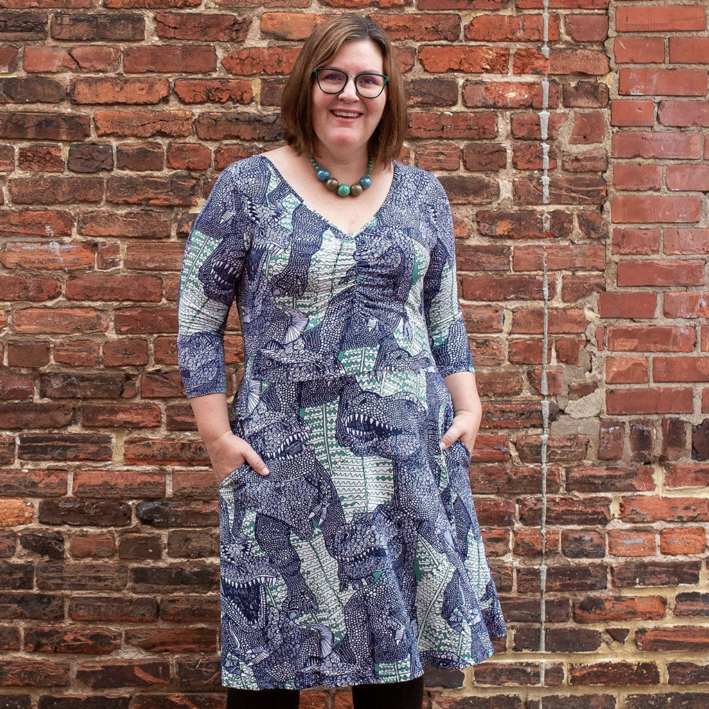 "Bringing Rexy Back" Tyrannosaurs V-Neck A-Line Dress with Sleeves
