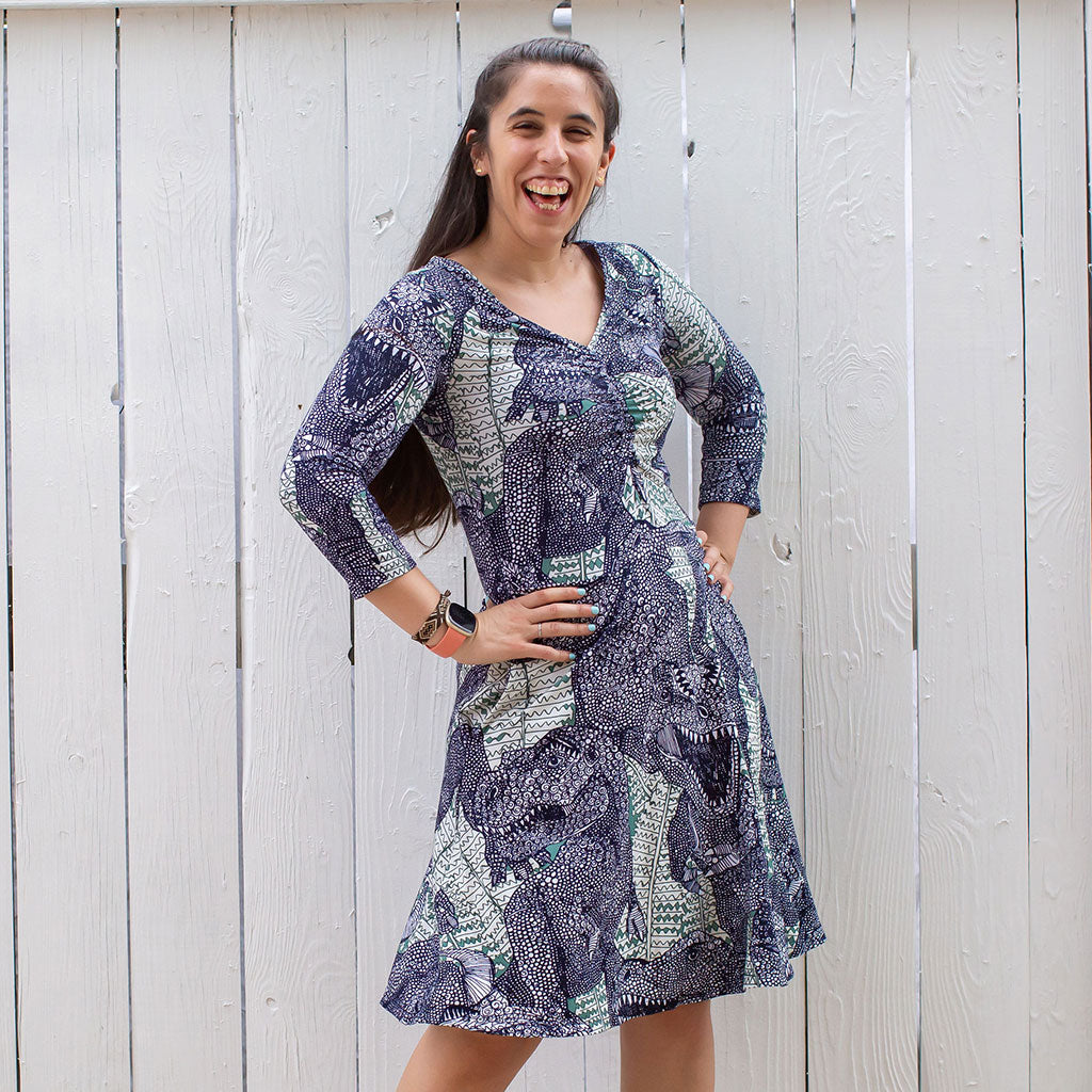 "Bringing Rexy Back" Tyrannosaurs V-Neck A-Line Dress with Sleeves