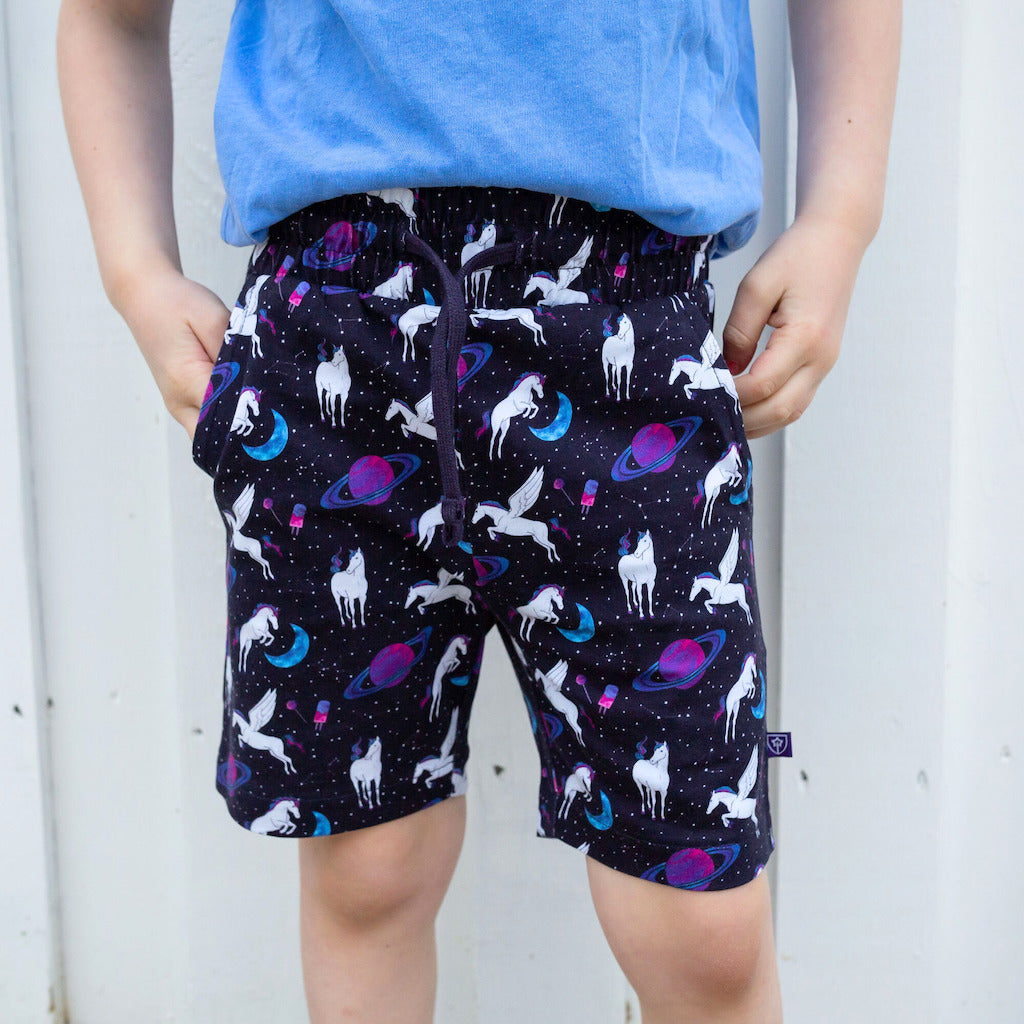 "Horsing Around" Space Unicorns Drawstring Shorts with Pockets