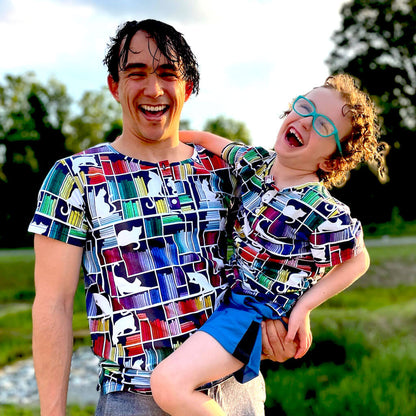 Adult "Check Meowt" Rainbow Books & Cats Henley Short Sleeve Tee