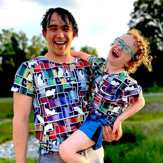Adult "Check Meowt" Rainbow Books & Cats Henley Short Sleeve Tee