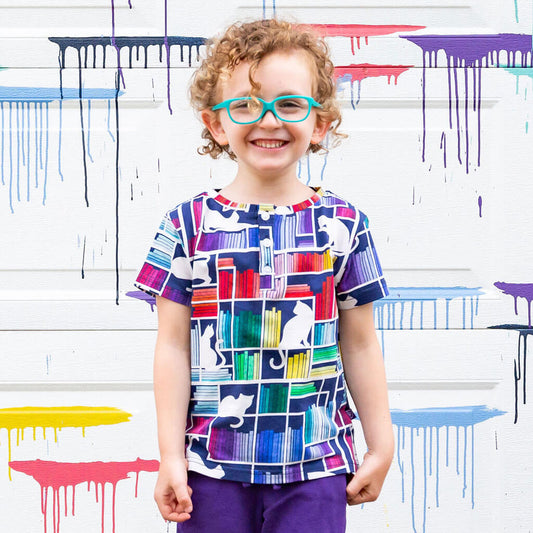 "Check Meowt" Rainbow Books & Cats Henley Short Sleeve Tee