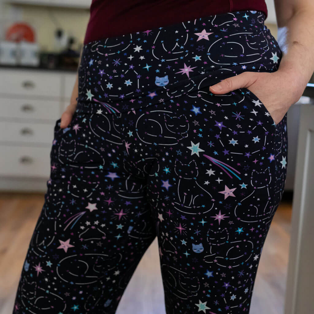 Adult "Kitten in the Stars" Cat Constellations Foldover Straight Leg Lounge Pants with Pockets