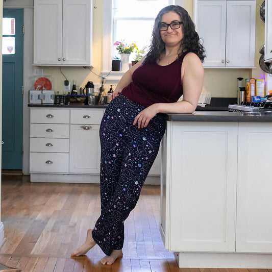 Adult "Kitten in the Stars" Cat Constellations Foldover Straight Leg Lounge Pants with Pockets