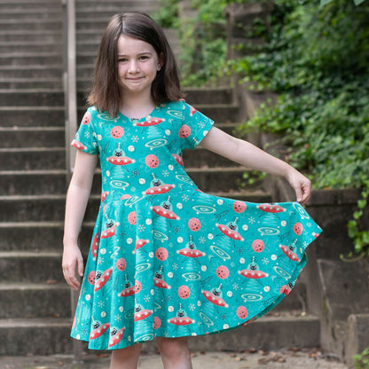 "Beam Me Up, Kitty" Cats in Space Saucers Super Twirler Dress with Pockets