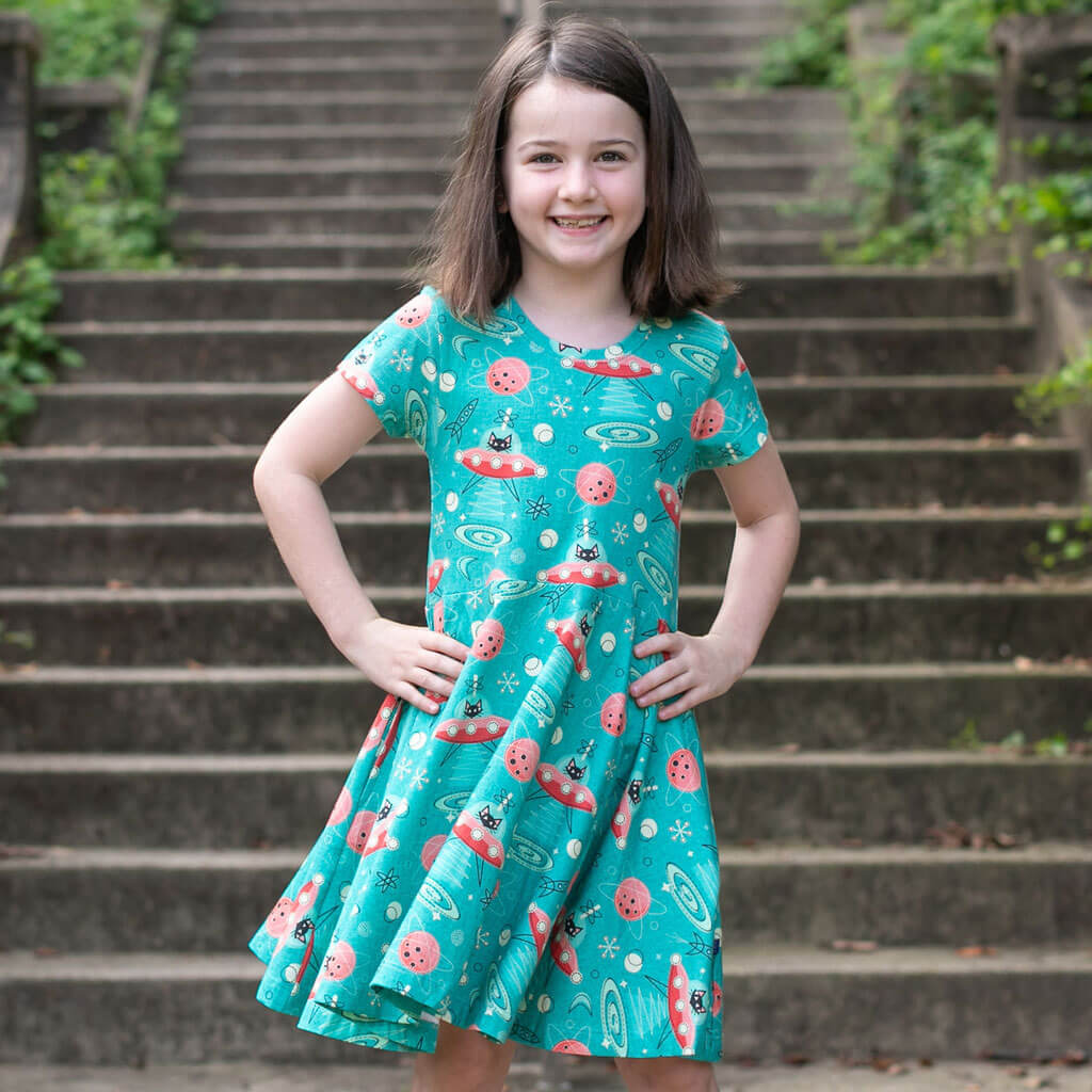 "Beam Me Up, Kitty" Cats in Space Saucers Super Twirler Dress with Pockets