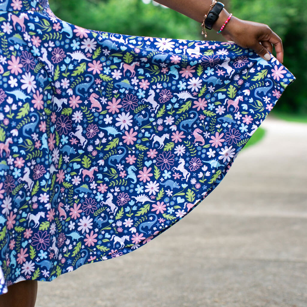 Adult "Only In My Dreams" Dinosaurs & Unicorns Super Twirler Dress with Pockets