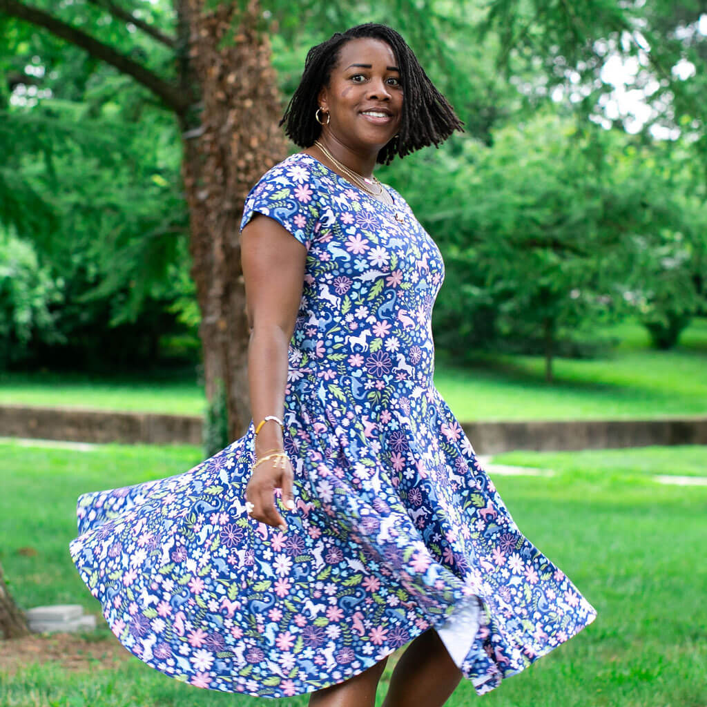 Adult "Only In My Dreams" Dinosaurs & Unicorns Super Twirler Dress with Pockets