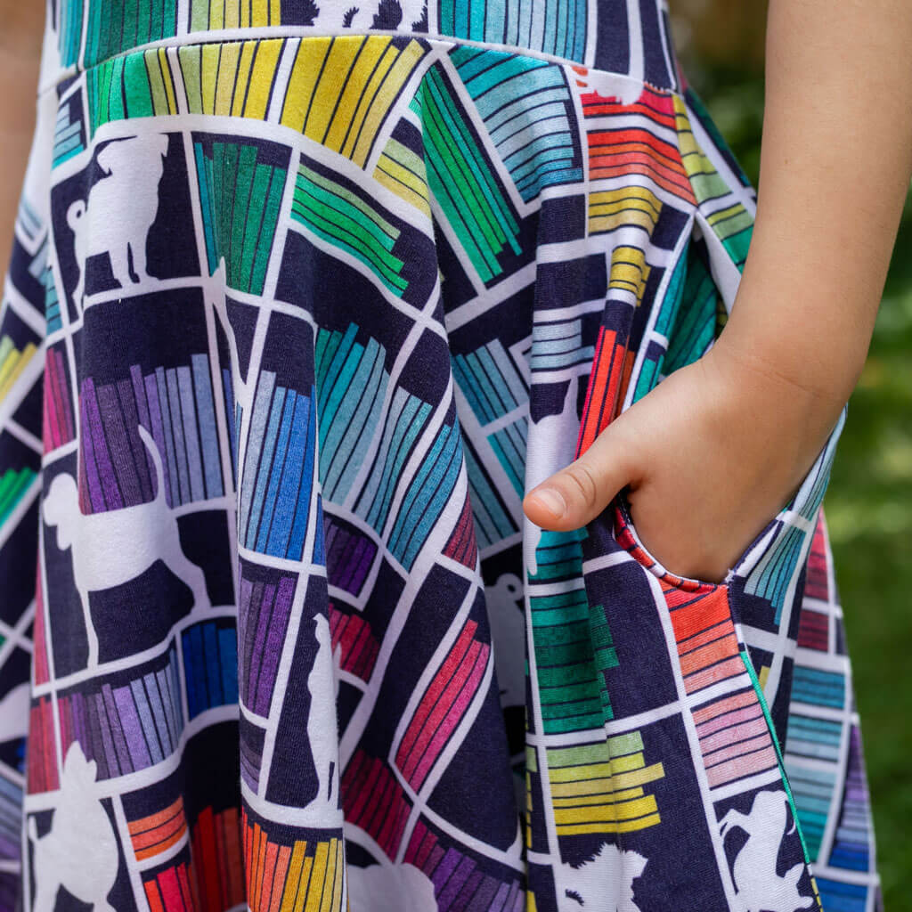 "Dog Eared" Rainbow Books & Dogs Super Twirler Dress with Pockets