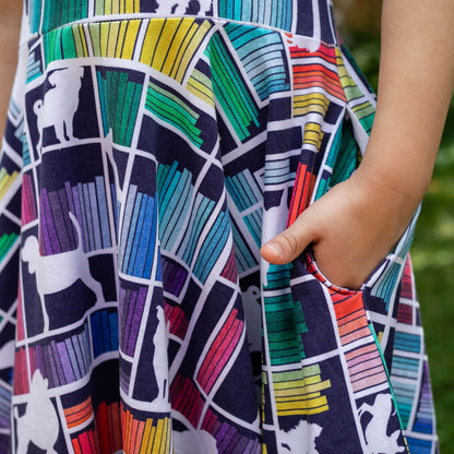 "Dog Eared" Rainbow Books & Dogs Super Twirler Dress with Pockets