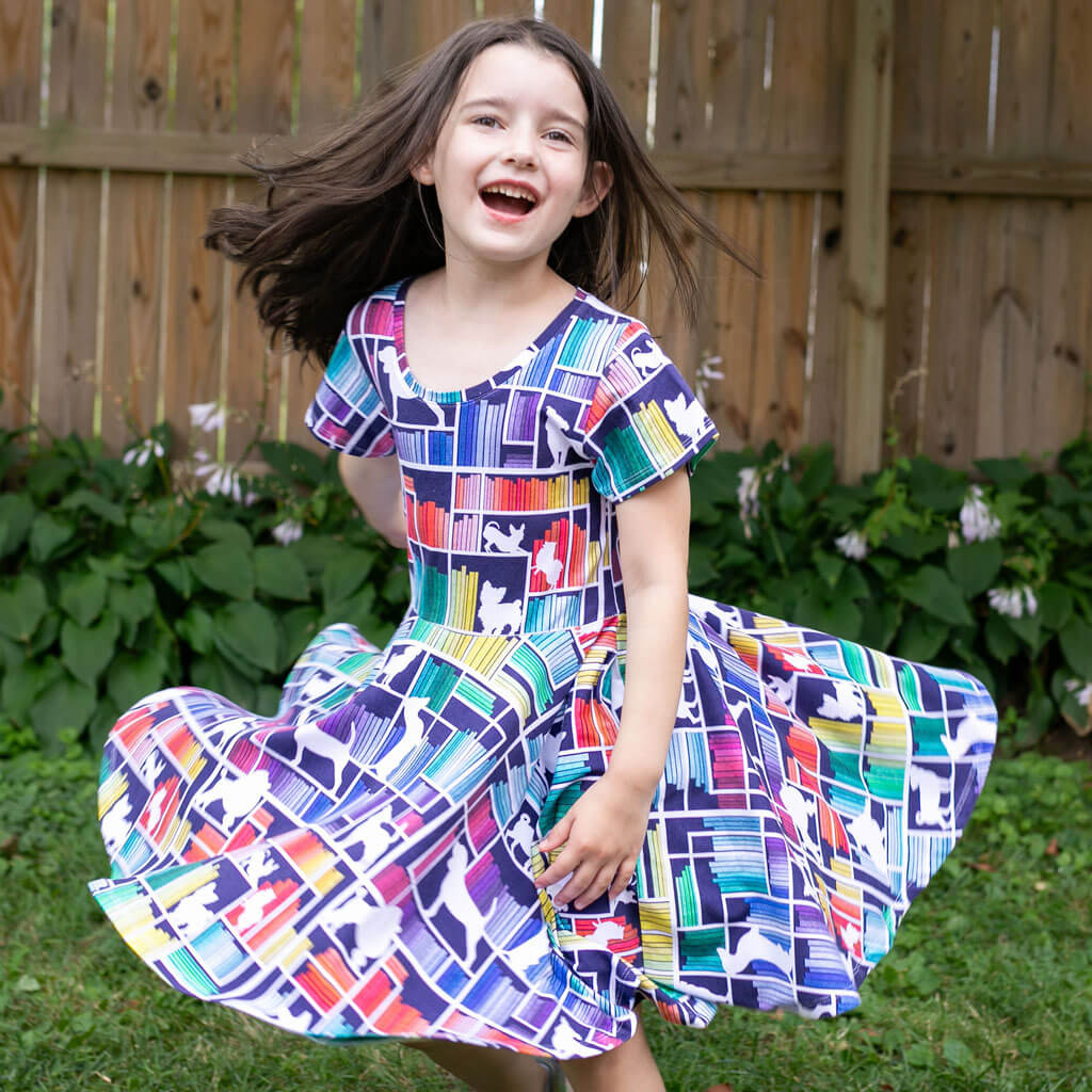 "Dog Eared" Rainbow Books & Dogs Super Twirler Dress with Pockets