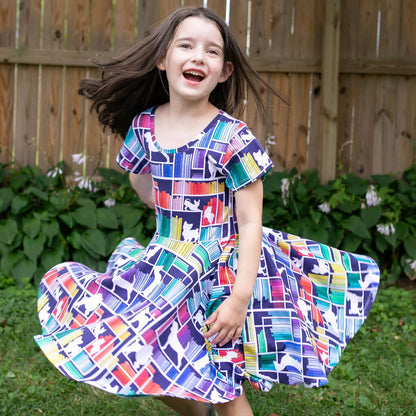"Dog Eared" Rainbow Books & Dogs Super Twirler Dress with Pockets