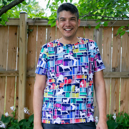Adult "Dog Eared" Rainbow Books & Dogs Henley Short Sleeve Tee