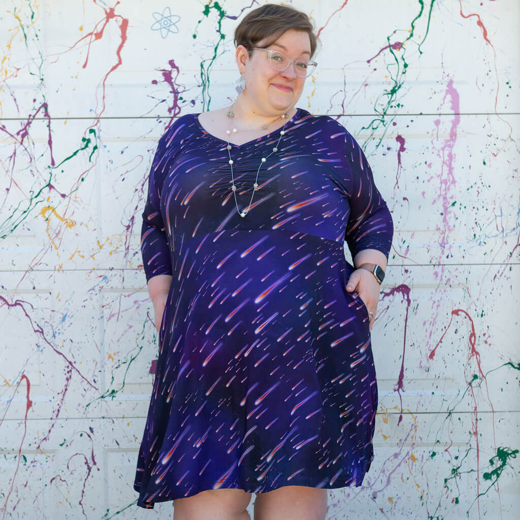 Adult "Party Crashers" Meteor Shower V-Neck A-Line Dress with Sleeves and Pockets