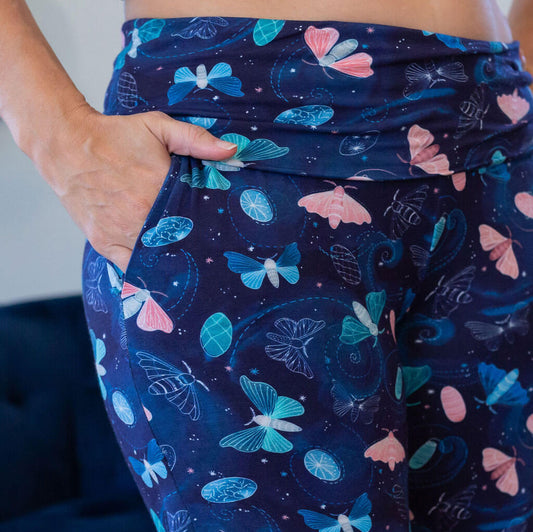Adult "Moon Song" Lunar Moth Foldover Straight Leg Lounge Pants with Pockets