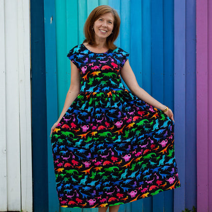 Adult "Prehistoric Parade" Rainbow of Dinosaurs Dress with Pockets
