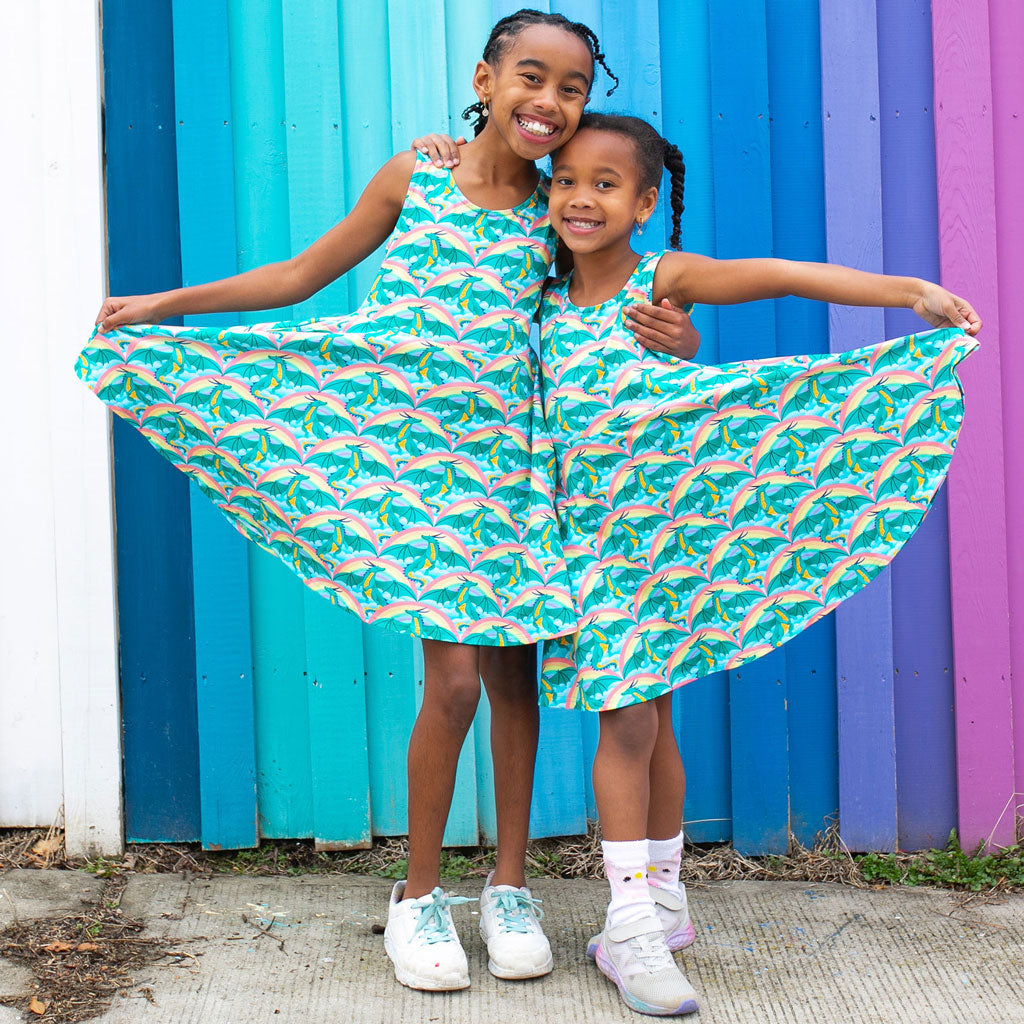 Rainbow Arc Dragons Sleeveless Play Dress with Pockets
