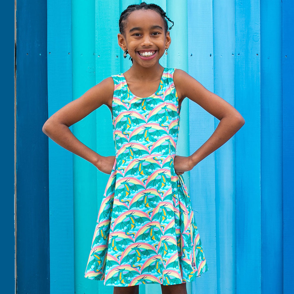 Rainbow Arc Dragons Sleeveless Play Dress with Pockets