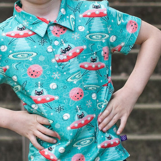 "Beam Me Up, Kitty" Cats in Space Saucers Short Sleeve Polo Shirt