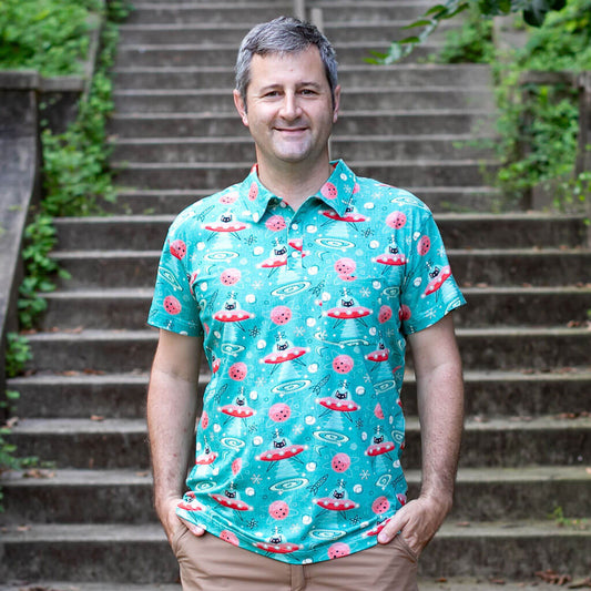 Adult "Beam Me Up, Kitty" Cats in Space Saucers Short Sleeve Polo Shirt