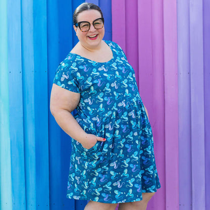Adult "Slay All Day" Teal Dragons Cap Sleeve Dress with Pockets