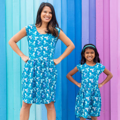 Adult "Slay All Day" Teal Dragons Cap Sleeve Dress with Pockets