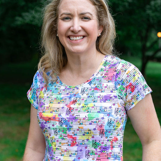 Adult "Staff Meeting" Rainbow Music Notes Super Twirler Dress with Pockets