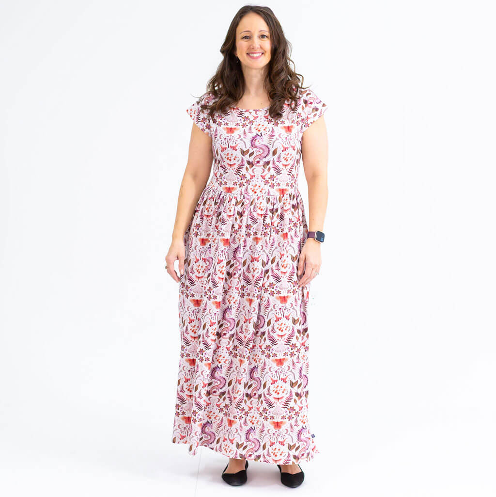 Adult "Ferns of Endearment" Woodland Dragons Cap Sleeve Maxi Dress With Pockets