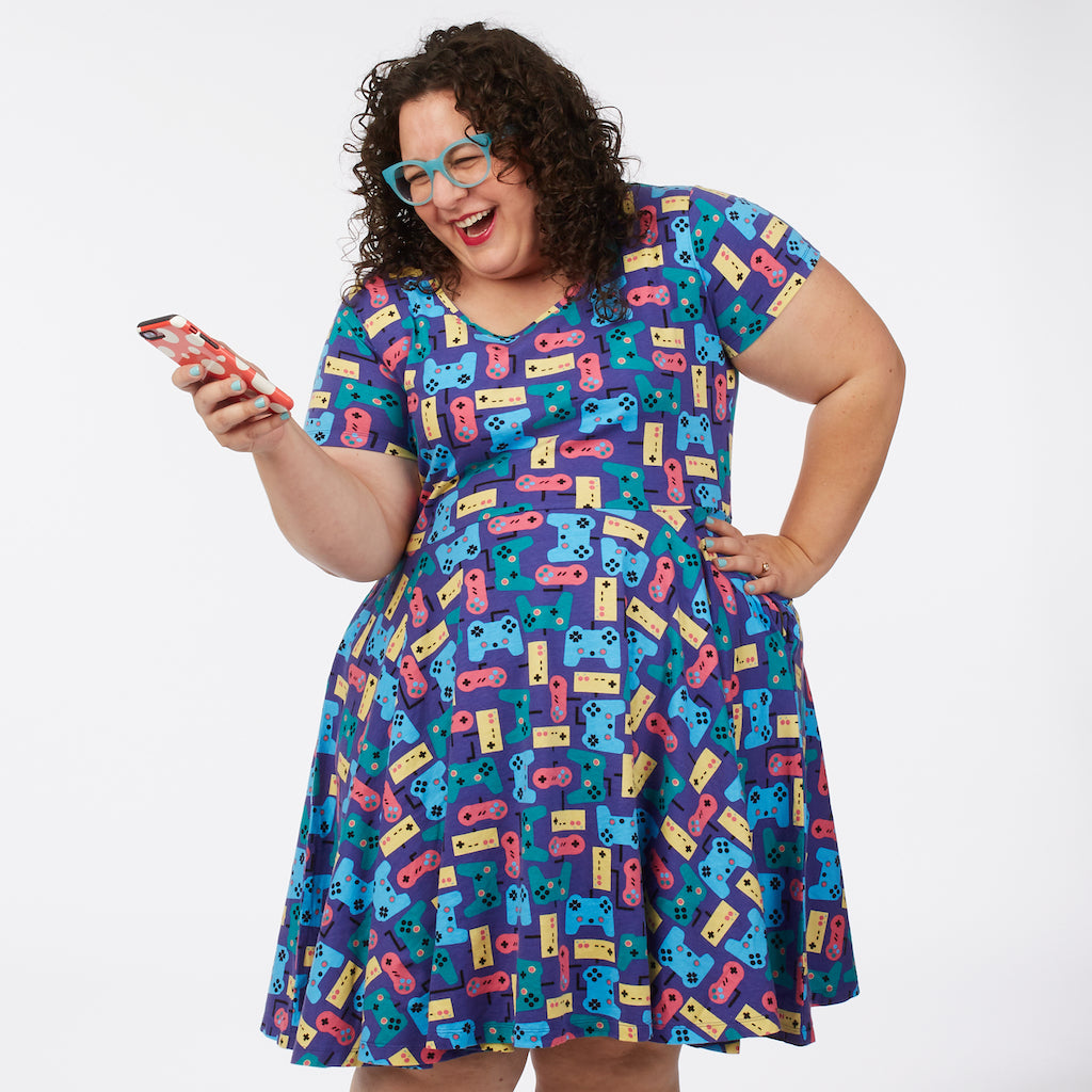 “Control Chic” Video Games Short Sleeve Super Twirler Dress - Adult