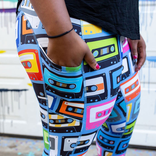 "Ready Cassette Go" Mix Tapes Leggings with Pockets - Adult