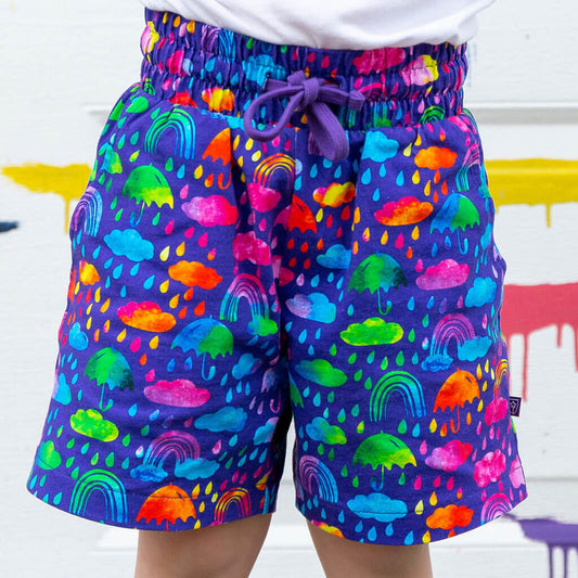 Rainbow Showers Drawstring Shorts with Pockets